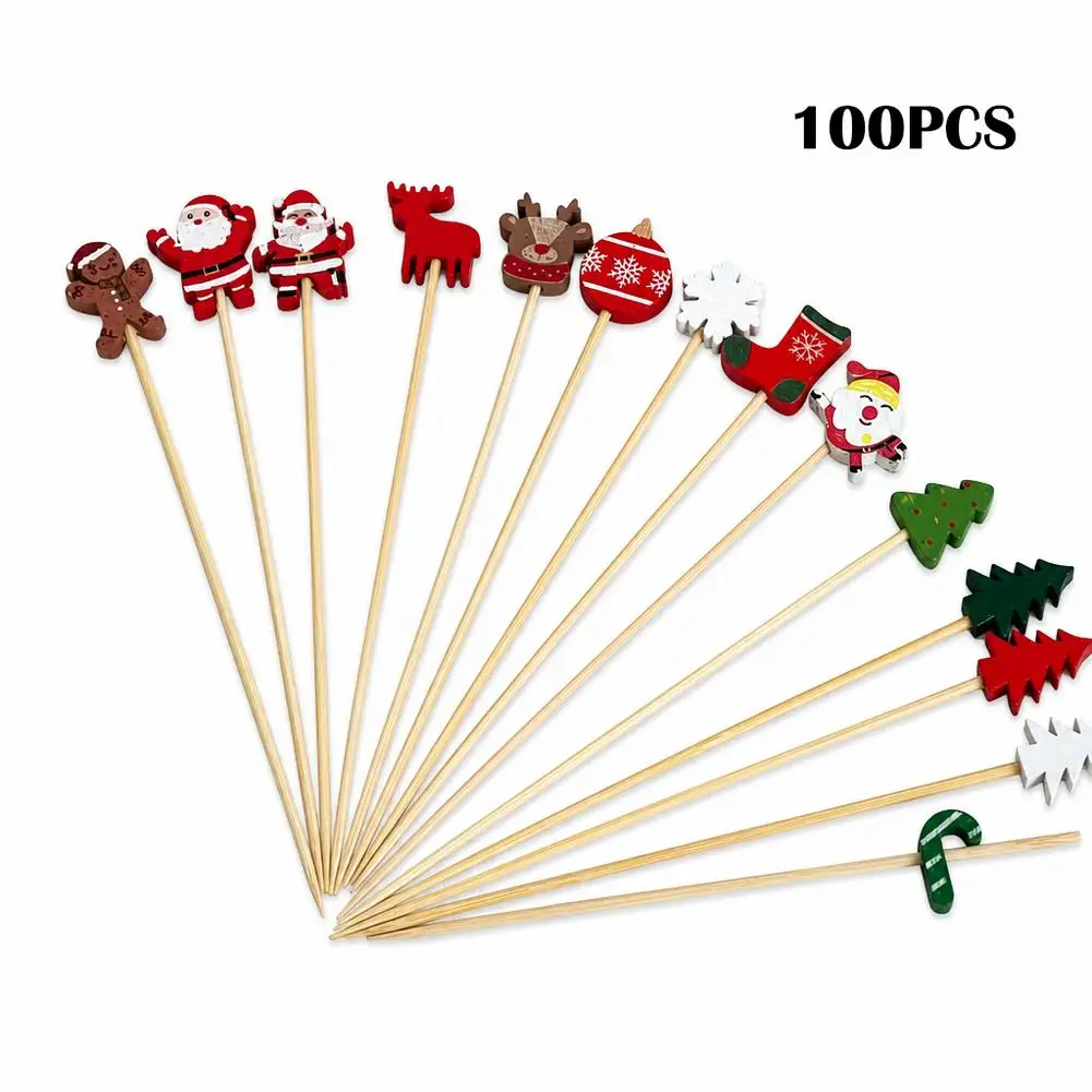 100pcs Festive Cocktail Picks and Appetizer Skewers 12cm Wooden Bamboo Food Picks with 3D Santa Snowflakes and Trees