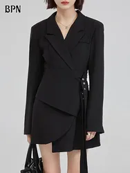 BPN-Blazers asimétricos sólidos para mujer, Túnica de manga larga con cuello con muescas, chaqueta con cordones de retazos, ropa de moda de otoño