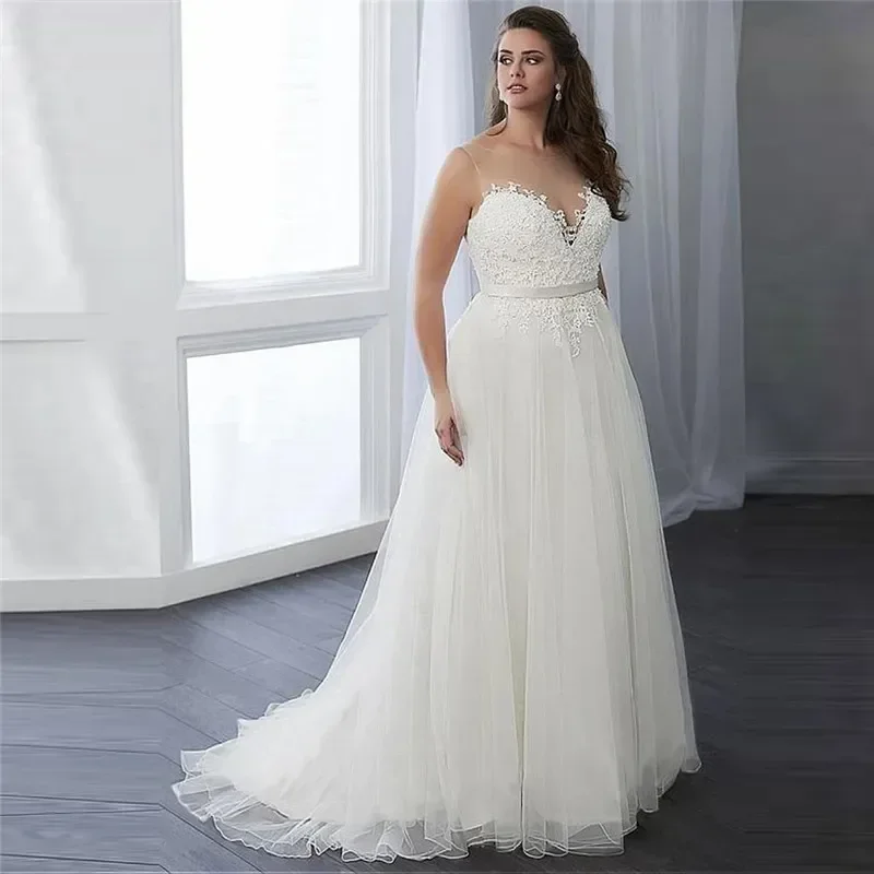 Vestidos de casamento de linha com gola redonda, apliqueados, longos, plus size, vestidos de noiva de tule, costas com cordões, sexy pura, 2024