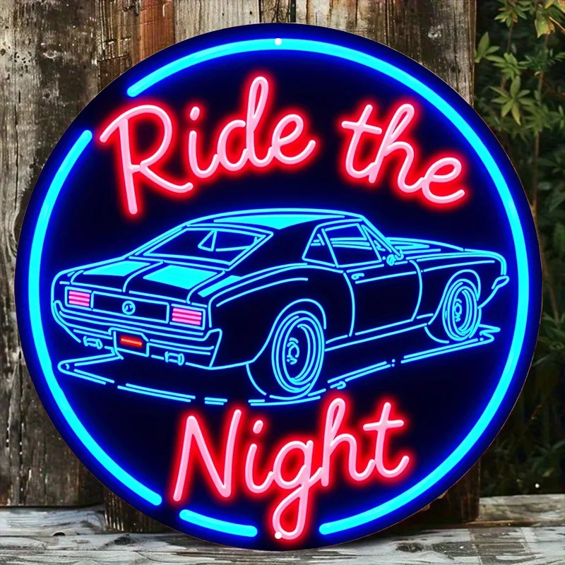 Ride The Night Neon Style Classic Muscle Car Retro 2D Flat Round Metal Tin Sign Wall Art Plaque For Garage Man Cave Decor