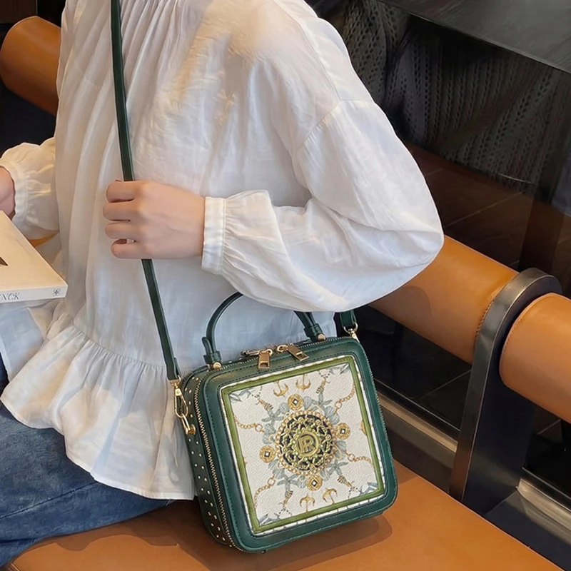 Exquisite bedruckte Umhängetasche, quadratische Damen-Box-Handtasche, Colorblock-Sling-Bag, Messenger-Tasche für den Arbeitsweg und zur Aufbewahrung von Kosmetika – Detail 9