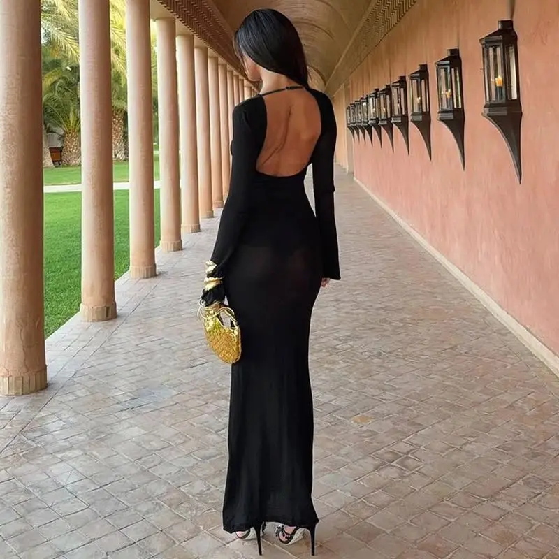 Cryptographic Elegant Fashion Strapless Sheer Maxi Dress Women Birthday Party Outfits Sexy Backless Long Sleeve Black Dresses