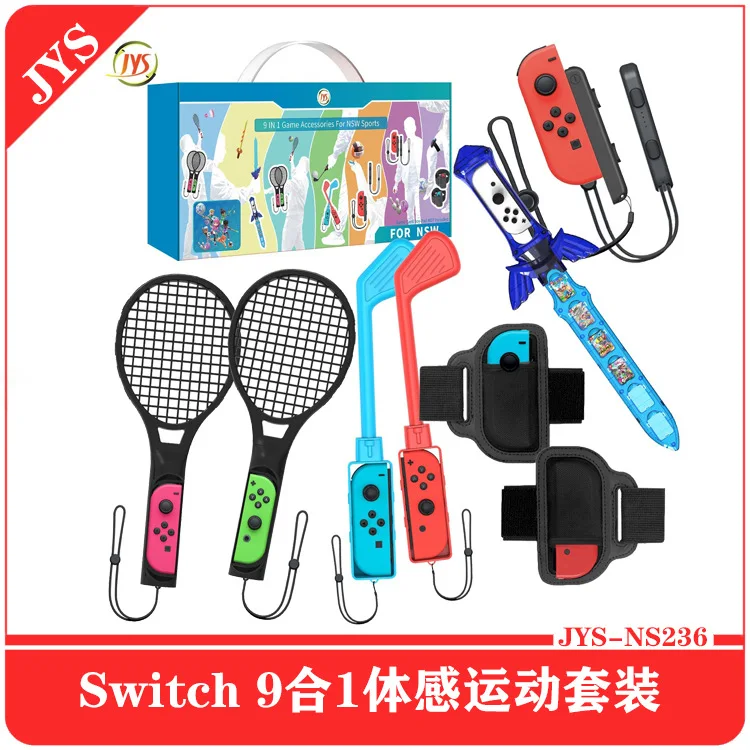 JYS-NS236 for Switch 9 in 1 Sports Set NS Tennis Racket + Golf Club + Yoga Ring Leg Strap + Games lightsaber etc