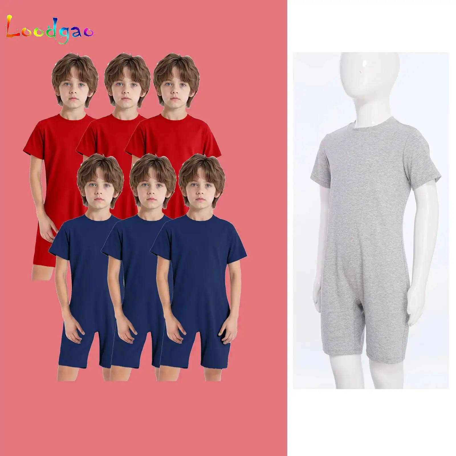 Kids Girls Boys Special Needs Adaptive Clothing Cotton Round Neck Short Sleeve Back Invisible Zipper Solid Color Jumpsuit 3Pcs