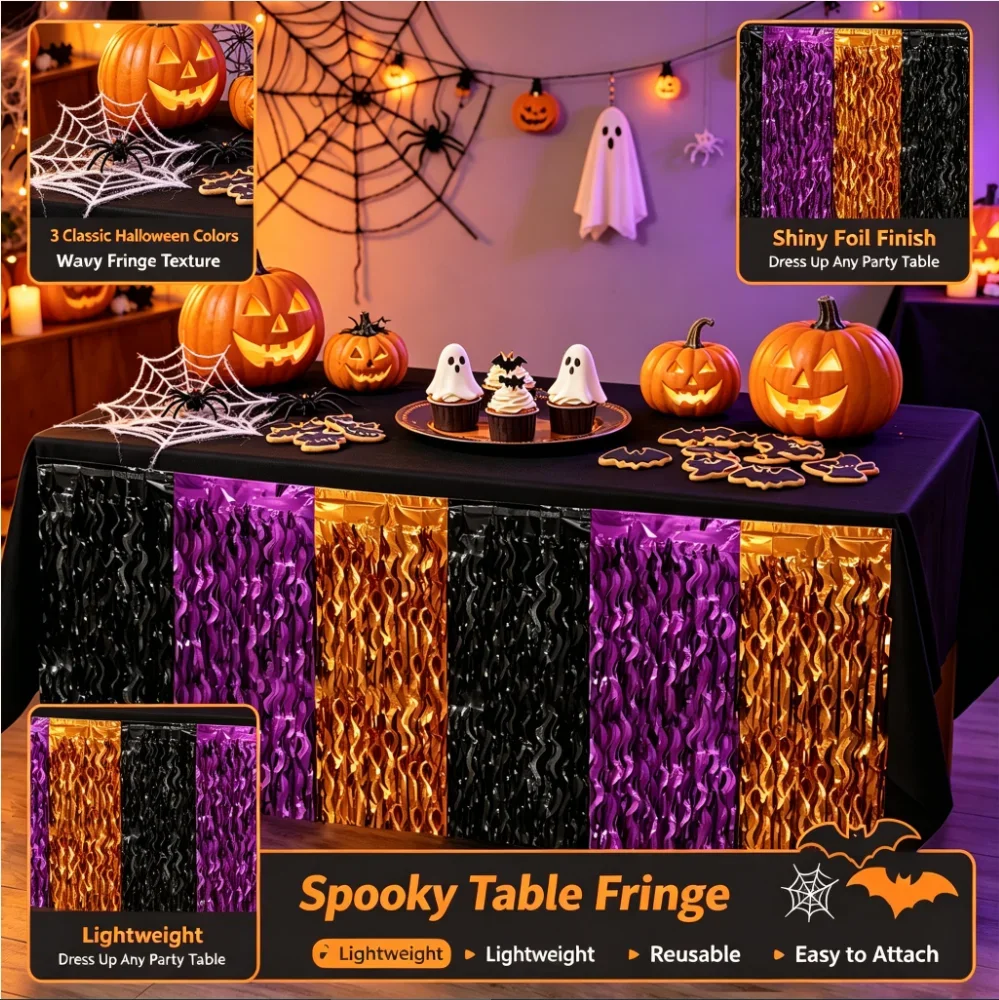 Halloween Curved Knife Table Skirt 75x275cm Ghost Festival Themed Party Decoration Black Orange Purple with Tassel Edge