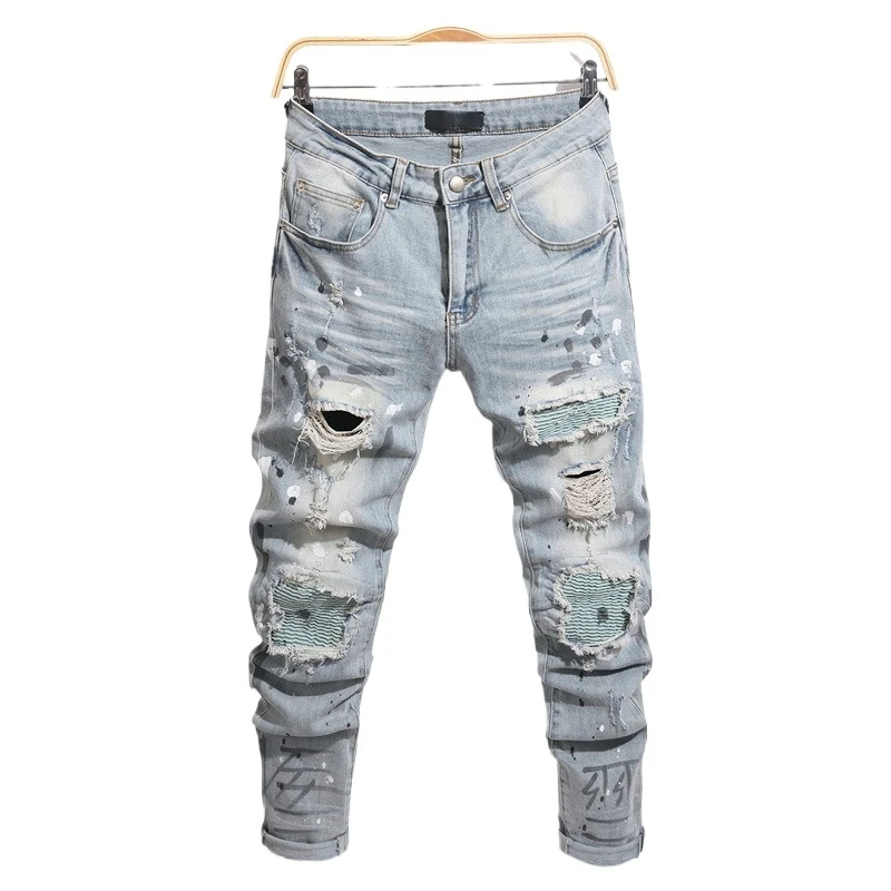 

Men's High Street Destroyed Biker Jeans Pants Fashion Streetwear Slim Fit Stretchy Ripped Denim Trousers Washed Motorcycle Jeans