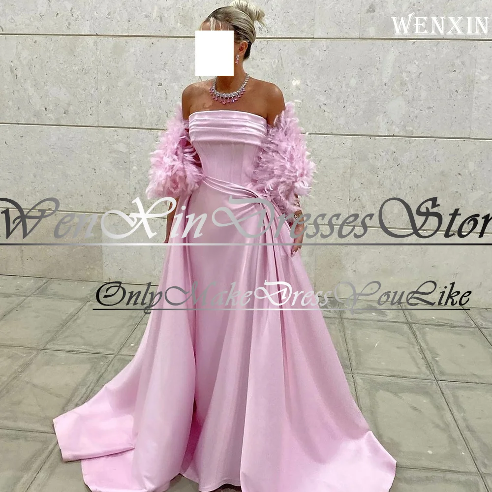 Gala Dresses Woman 2024 For Party Boat Neck Off the Shoulder A-Line Solid Color Pleats Sweep Train Floor Length Feathers Saudi