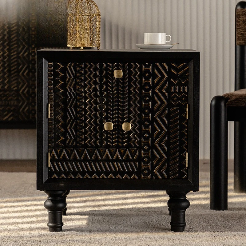 

Retro black carving craft locker, bedroom with drawers, light luxury bedside table, small apartment household side cabinet