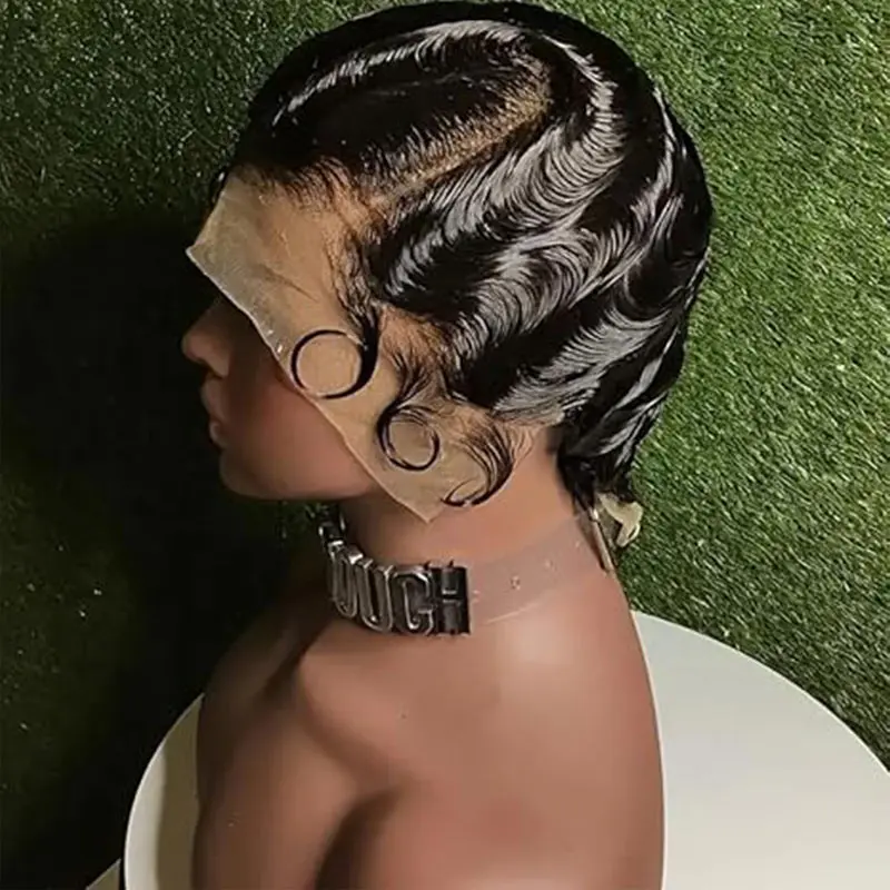 Cheap Price Pixie Cut Wigs Peruvian Raw Remy Human Hair Glueless Wavy 13x4 Transparent Lace Frontal Wig