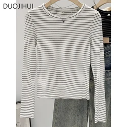 DUOJIHUI Autumn Classic Striped Loose Long Sleeve Women T-shirts New Contrast Color Basic O-neck Fashion Simple Female T-shirts