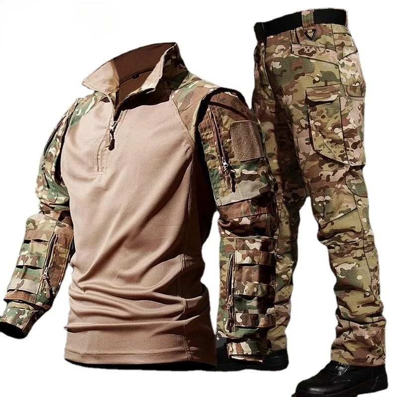 Men\'s Hunting Tactical Suit Outdoor Durable Breathable T-shirt Cargo Pants Set Waterproof Suits Multiple Pockets Camo 2 Pcs Set