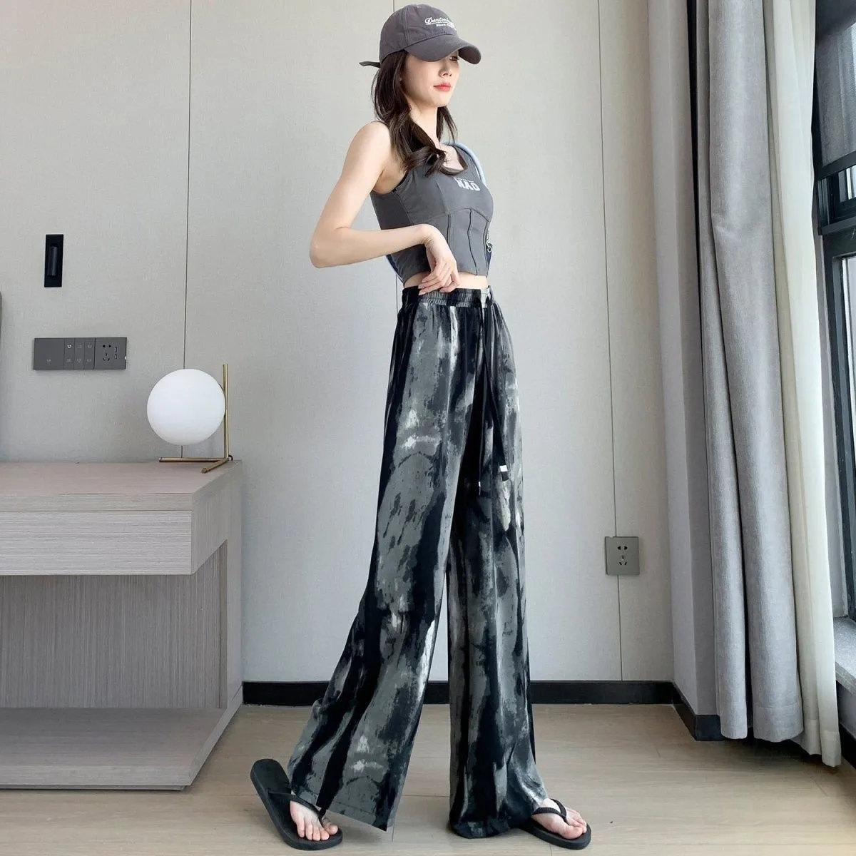 Chinese Style Ice Silk Wide Leg Pants for Women Spring Summer 2025 New High Waist Straight Drape Ink Tie Dye Casual Pants