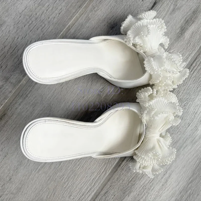 Elegant Ruffles Pearl Stiletto Slippers White Gauze Lace Round Toe Slip-on Butterfly-knot High Heeled 2024 Lady Dress Sandals