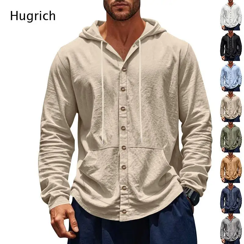 Men Drawstring Hooded Long Sleeve Button Down Shirt Front Pocket Casual Hoodie Shirts