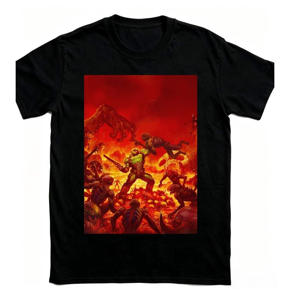 Slayer Fiery Hell Demon Battle Print T-shirt Men Soft Cotton Loose Horror Shooting Game Gamer Casual Daily Streetwear Tee