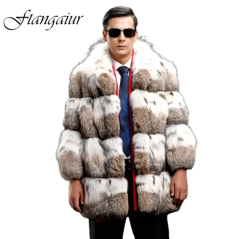 Ftangaiur Winter Men Import Top Lynx Fur Coat Mandarin Collar Full Sleeve Lynx Jackets Men's Short Causal Real Natural Fur Coats