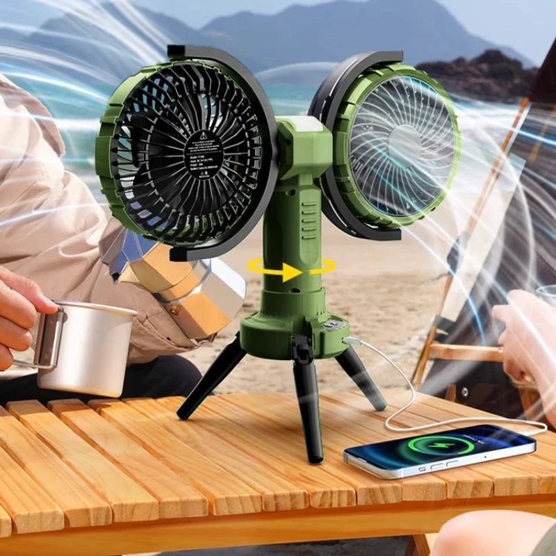 พัดลมแคมป์ปิ้งแบบ Dual Head พร้อมไฟ 360 °   พัดลมตั้งโต๊ะแบบชาร์จ USB หมุนได้ 3 โหมดลม การทํางานที่เงียบเป็นพิเศษสําหรับใช้เต็นท์/เดสก์ท็อป