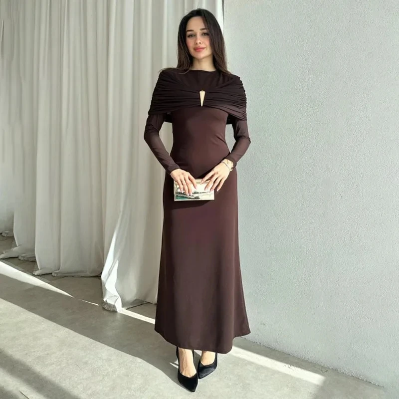 

2026 New Solid Color Long Sleeve Round Neck Pleated Design Bodycon Long Dress Fashion Elegant Temperament Womens Outfit