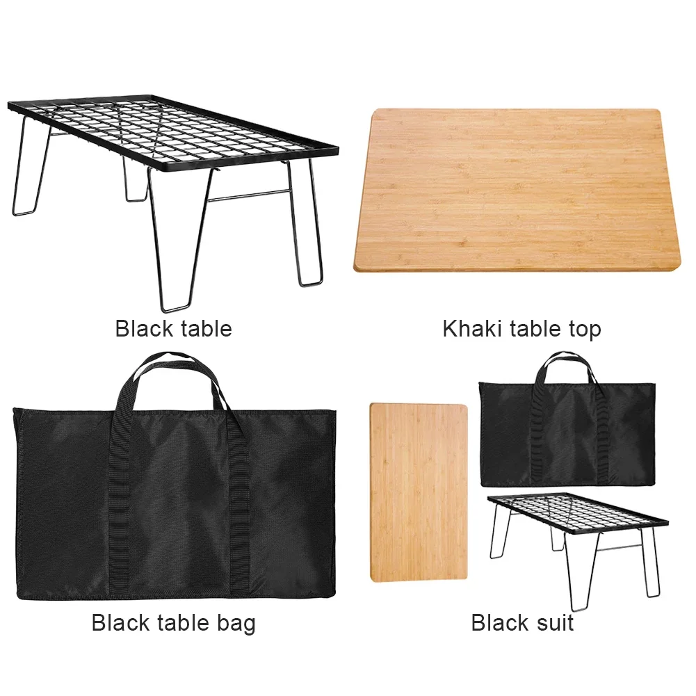 Folding Iron Net Table with Table Board & Bag Campfire Grill Table Multifunctional Camping Cooking Rack for Backyards BBQ Party