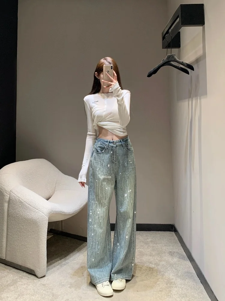 

Slimming Straight Leg Jeans Glittering Diamond Wide Leg Floor-Length Pants High Waist Denim Flay Drill Ladies Faion Casua...