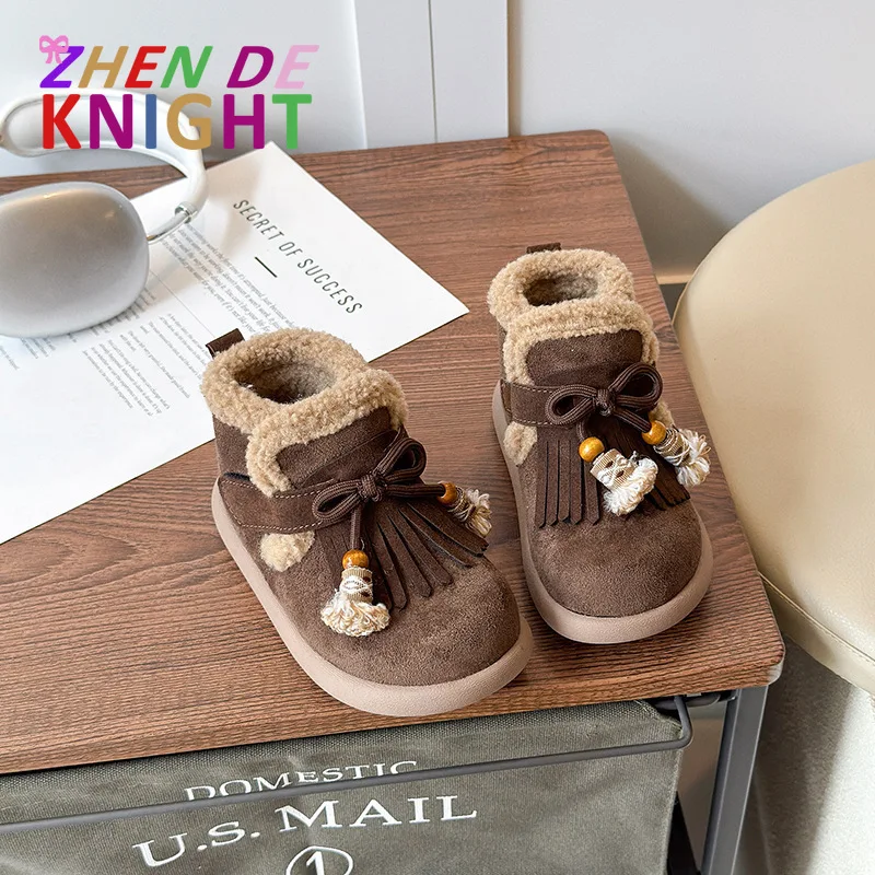 

2025 New Arrival Girls' Fashionable Princess Cotton Shoes Sweet Tassel Fleece Lined Warm Winter Kids Shoes