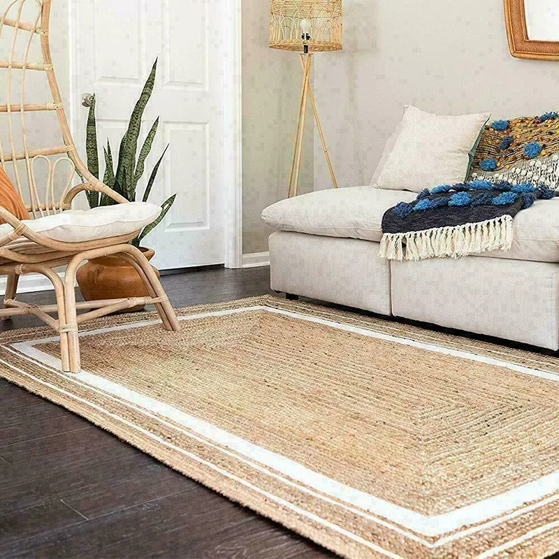 Hand-woven jute carpet, living room linen floor mat, dirt-resistant home bedroom study bedside floor mat in light luxury