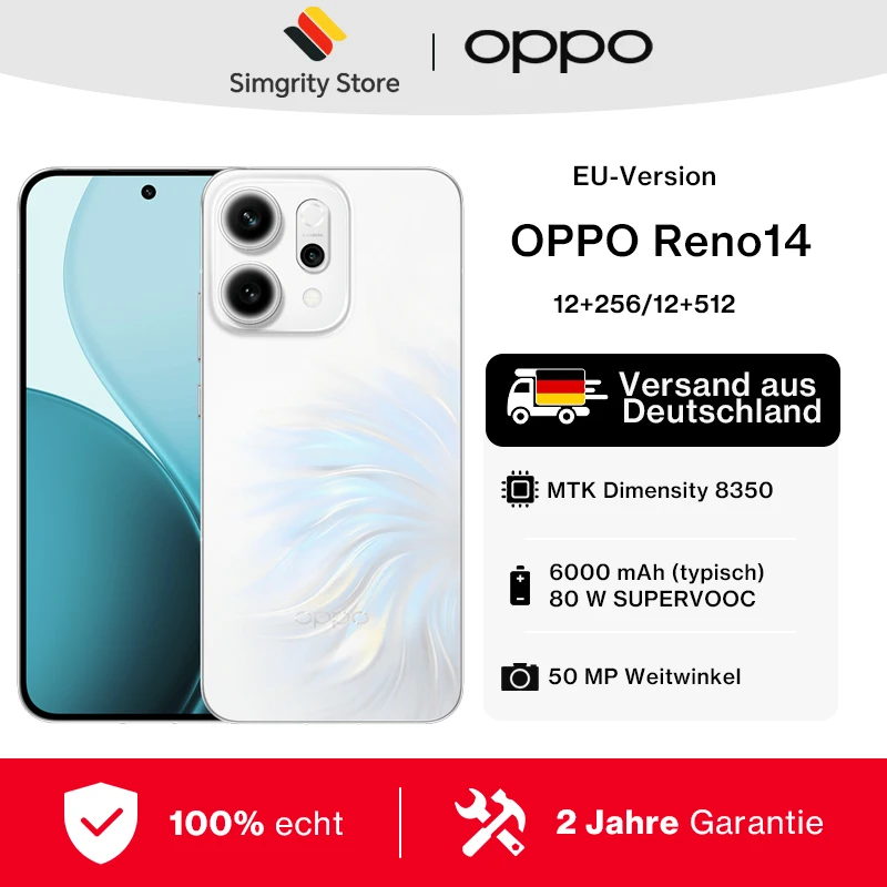 Smartphone OPPO Reno14 5G Écran AMOLED 120 Hz 1256 x 2760 pixels, MTK Dimensity 8350, appareil photo 50 Mpx avec stabilisateur d'image optique, batterie 6000 mAh, SUPERVOOC 80 W, Bluetooth 5.4, NFC,
