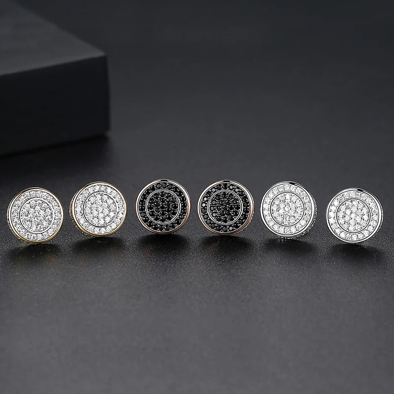 Bling Iced out round Stud Earrings White/Black AAA Cubic Zirconia for Women Men Hip Hop Fashion Rapper Jewelry Gifts