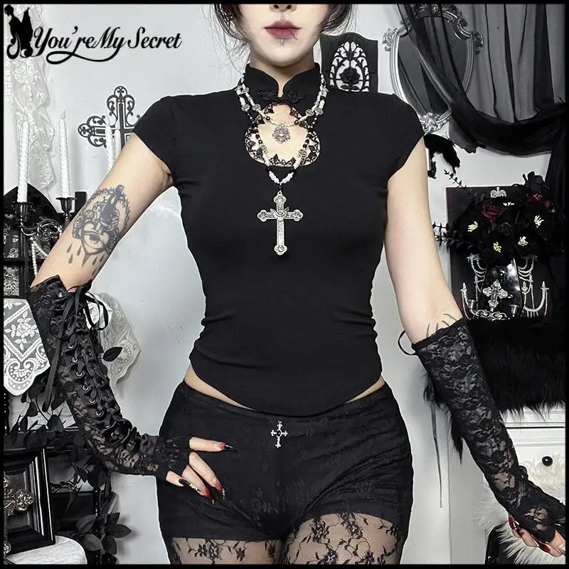 [You're My Secret] Summer Y2K Short Sleeve BLack Women's T-Shirt Gothic Half Hight Collar Tee Chinese Style Slim Fit Stretch Top