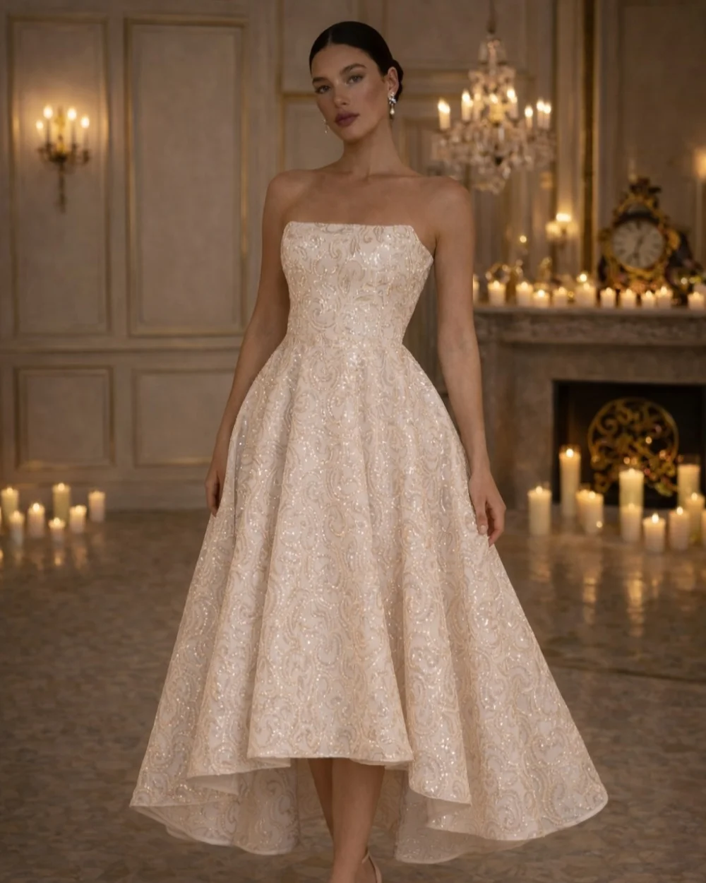 

Customized Exquisite Women Charmeuse Rhinestone Ruched A-Line Evening Dresses Formal Strapless Sleeveless Ankle Length Dresses