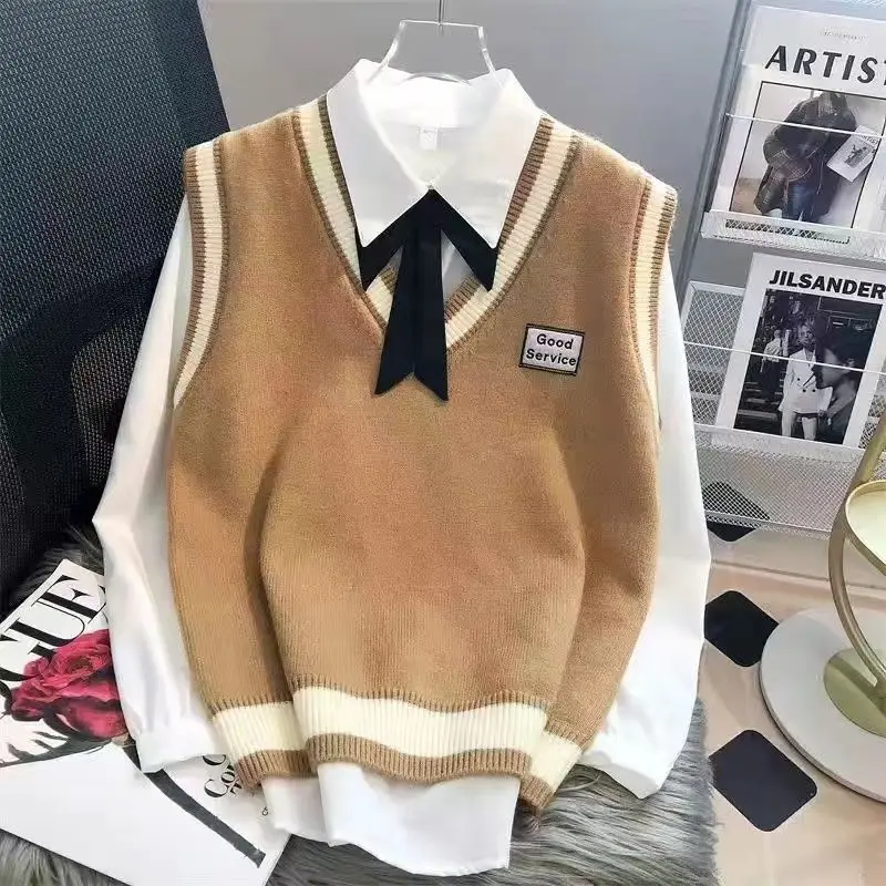 2023 Autumn New Boys and Girls Student Set Korean Loose Long Sleeve Shirt+Embroidered Knitted Vest Two Piece Set