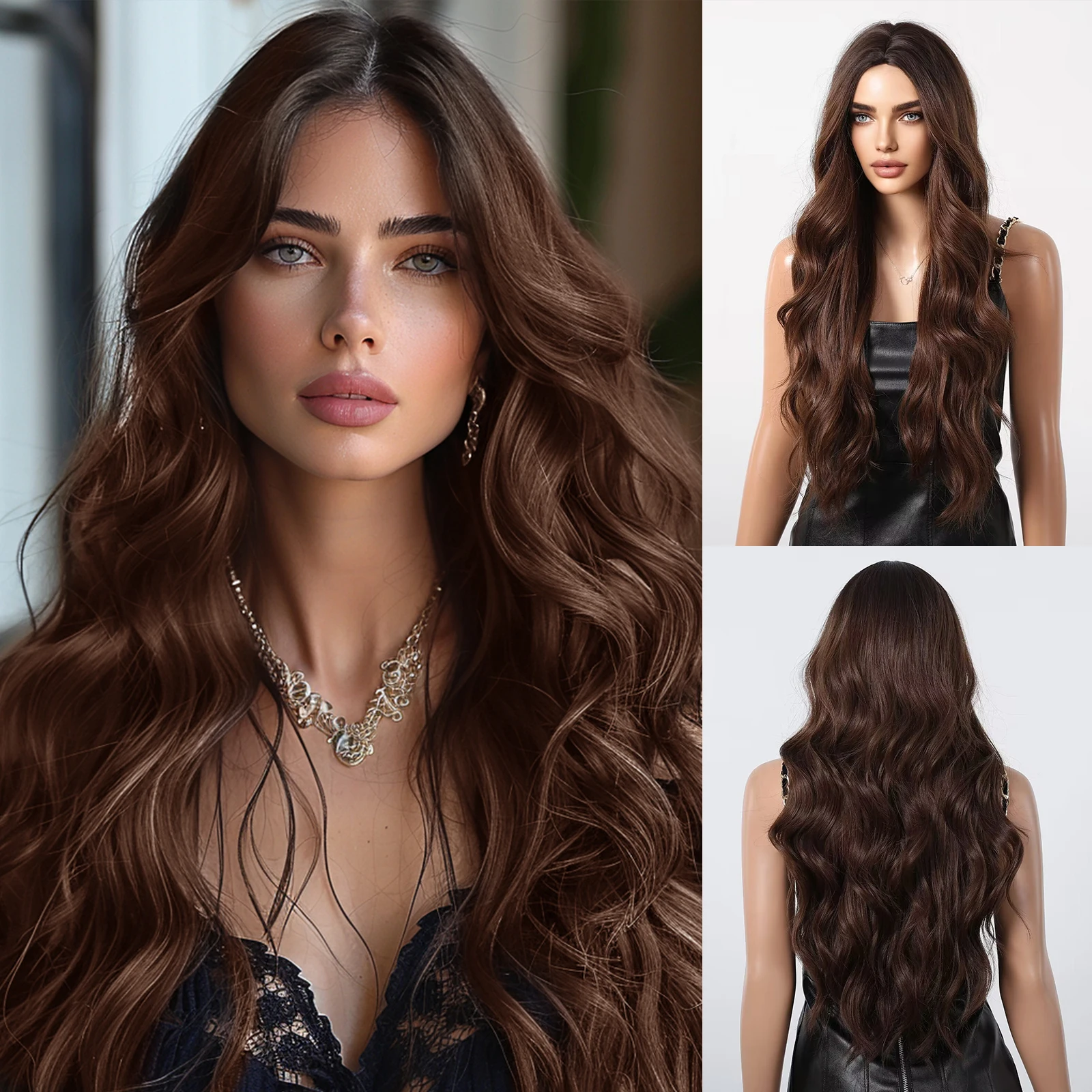 

Long Wavy Chestnut Brown Wig for Women Natural Middle Part Synthetic Hair Heat Resistant Silky Smooth High Density Daily Cosplay
