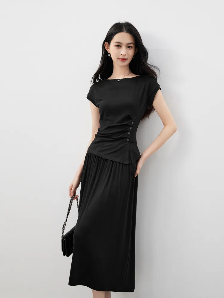 

[Simple and Stylish] Simple and Minimalist Style Side-breasted Waist T-shirt + Skirt Set 26 Spring Summer New