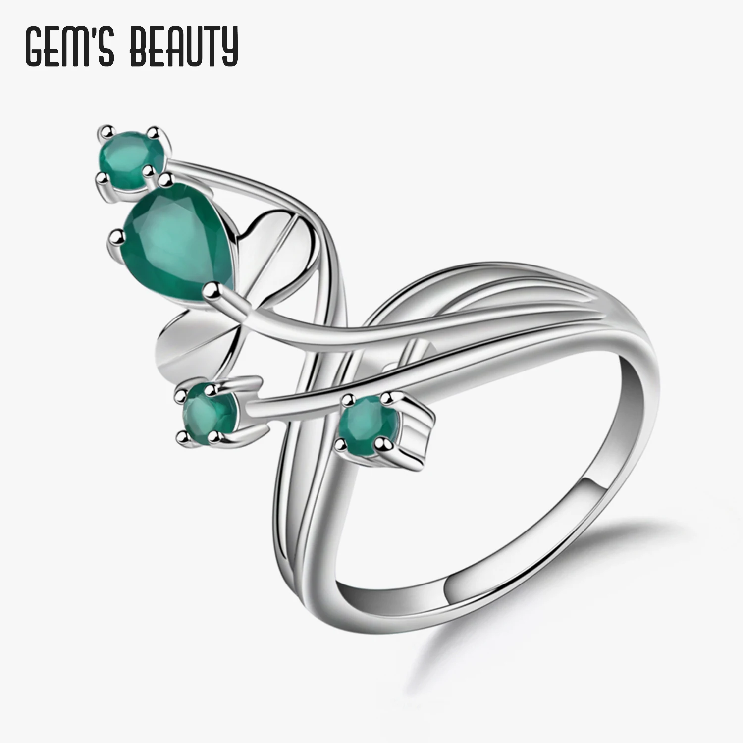 

GEM'S BEAUTY Green Agate Genuine 925 Sterling Silver Rings For Women Promise Princess Gemstone Ring Wedding Romantic Jewelry