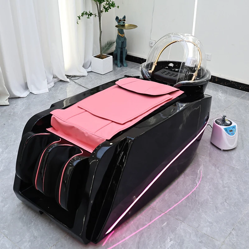 Professional Barbershop Fiberglass Frame Washing Bed Modern Luxury Electric Heating Massage Shampoo Bed with Ceramic Basin