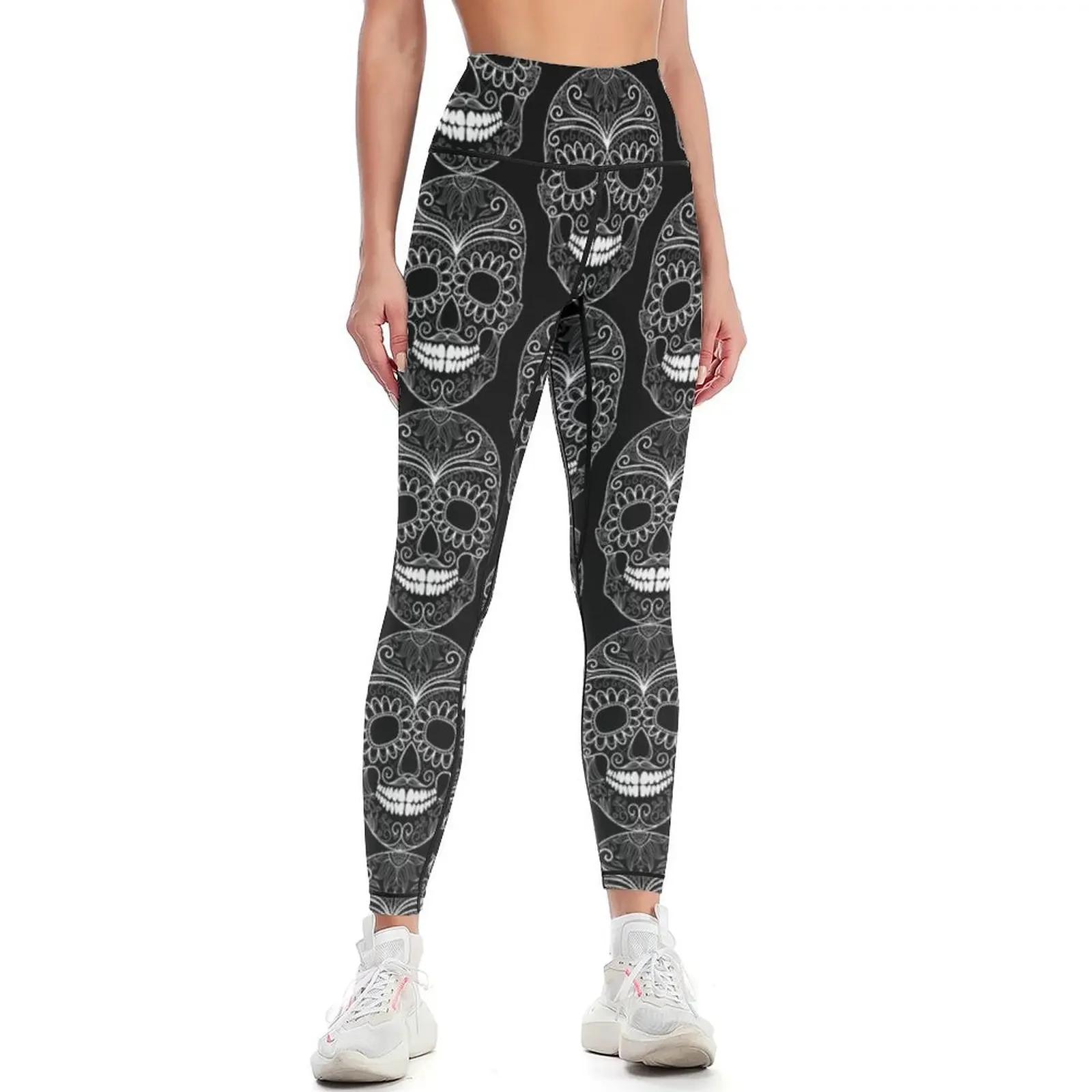 Leggings con contorno bianco con teschio del giorno dei morti Abbigliamento sportivo da donna legging push up Leggings da donna