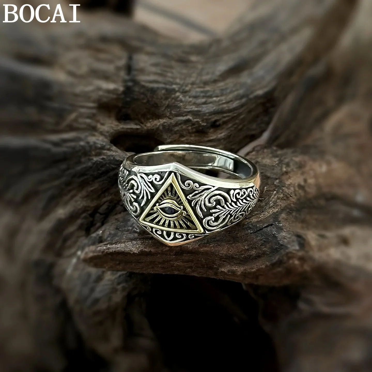 BOCAI New S925 Sterling Silver Jewelry Vintage Personality Tang Grass Pattern Eye of God Open Ring Men's Selected Gift