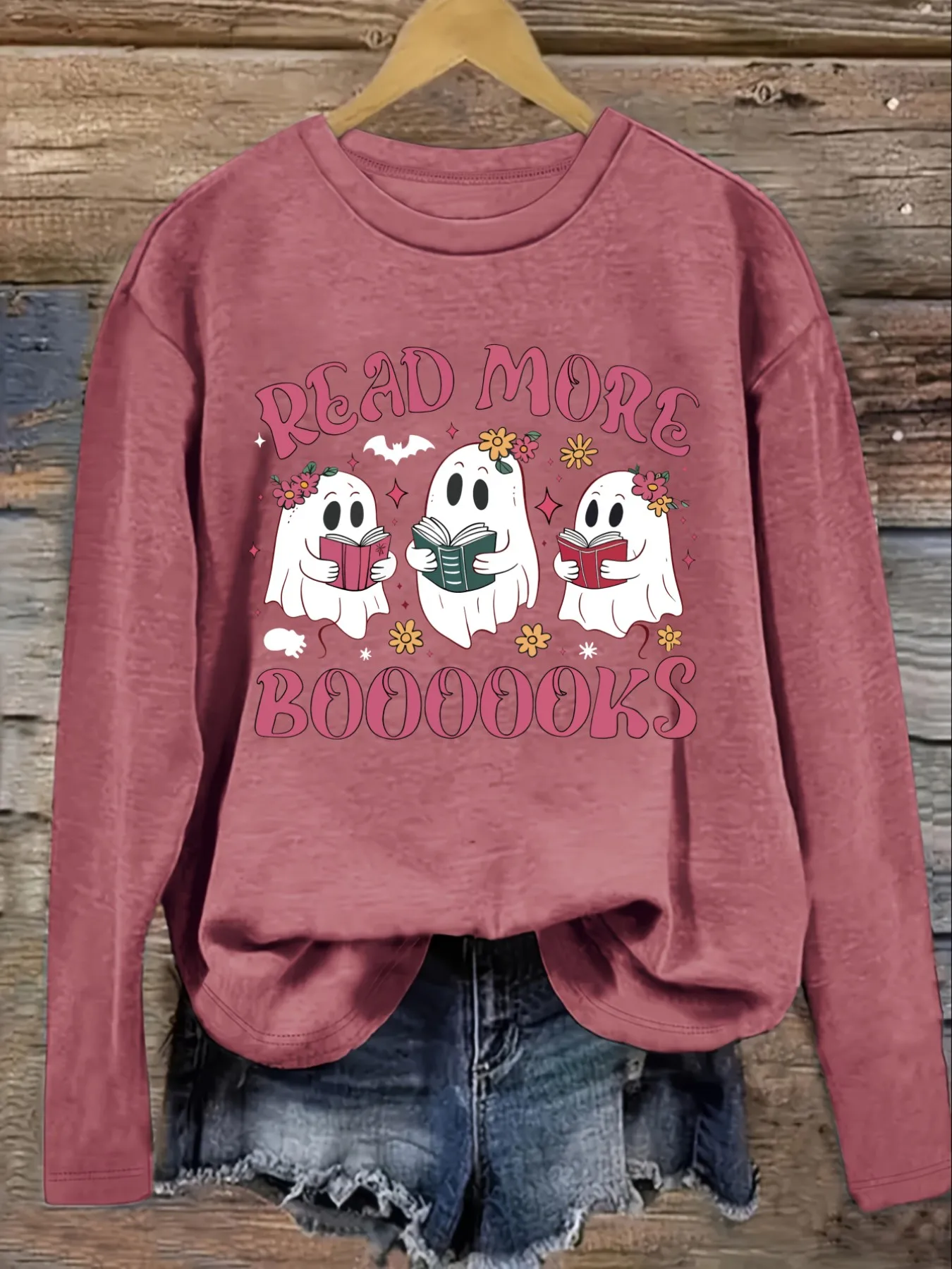 Women's Casual Long Sleeve Crew Neck T-Shirt Read More Boooooks Ghosts Reading Books Design, Round Neck Women's Clothing, Machine Washable, Slightly Elastic, Loose Fit, Spring Autumn Winter Women's T-Shirt, Halloween Costume Outfit view 3