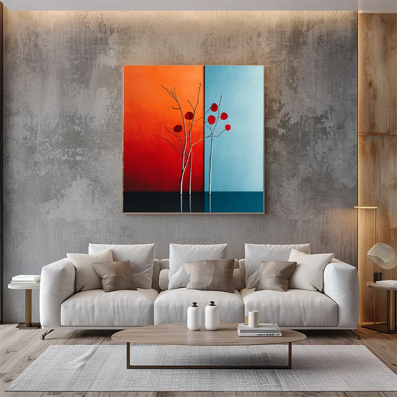 

Minimalist Autumn Tree Revival Wall Art Colored Leaves on Dead Branches with Japanese Aesthetic for Living Room Home