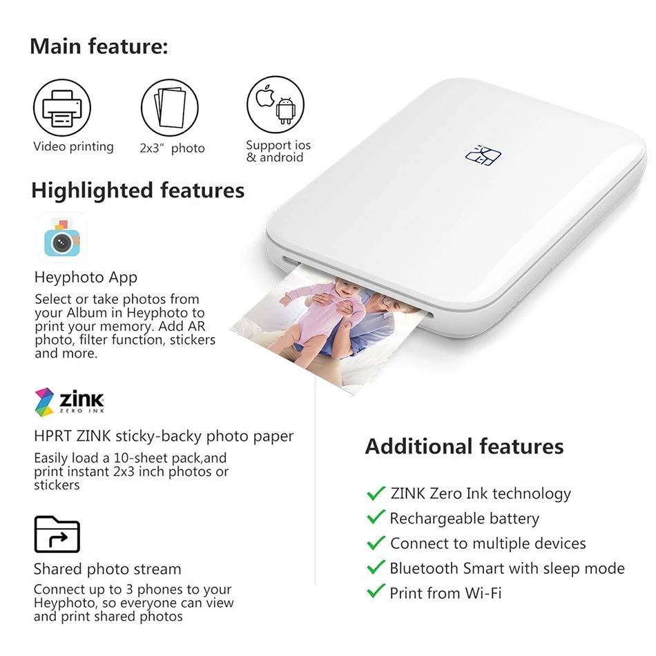 HPRT Portable Photo Printer Pocket  2x3 inch Size Wireless Zink Technology Print 2x3 Sticky-Backed Photos Maker with Papers Case