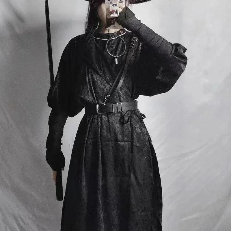 

Черное мужское и женское платье ханьфу, традиционный халат династии Тан с круглым воротником, винтажный древний фехтовальщик, карнавальный костюм, костюм для мальчиков и девочек