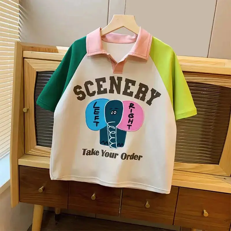 Children's T-shirt 2025 Summer New Boys and Girls Polo Shirt Sports and Leisure Fashion Color blocked Western Style Top