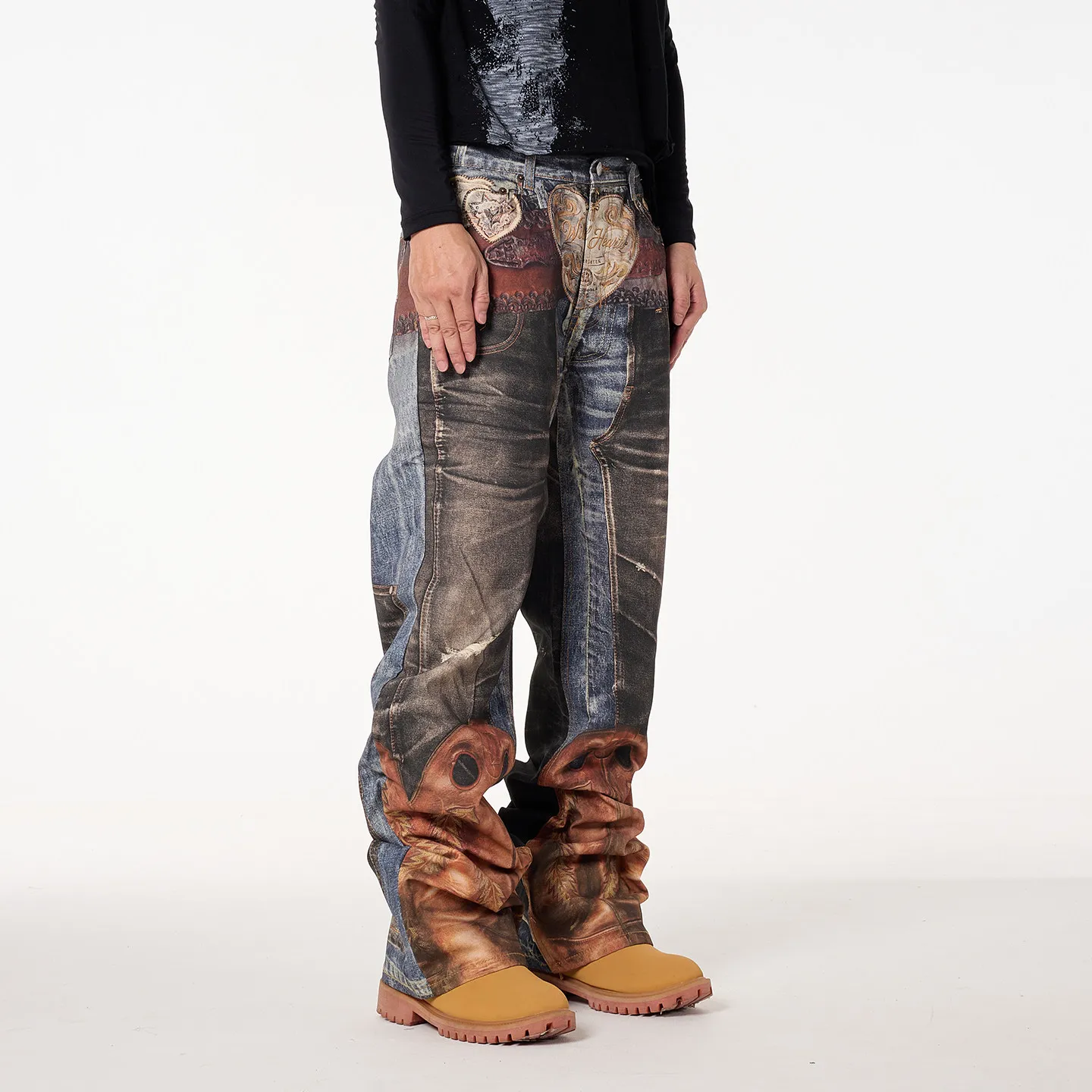 Fashion American Retro Digital Printing Western Denim Breeches Distressed Straight Jeans