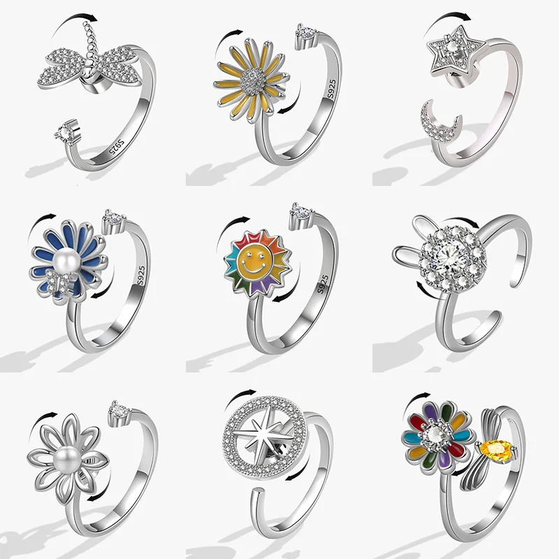 Luxury Anti Anxiety Relaxing Rings for Women Crystal Flower Dragonfly Bee Fidget Spinner Ring Star Moon Charm Wedding Jewelry