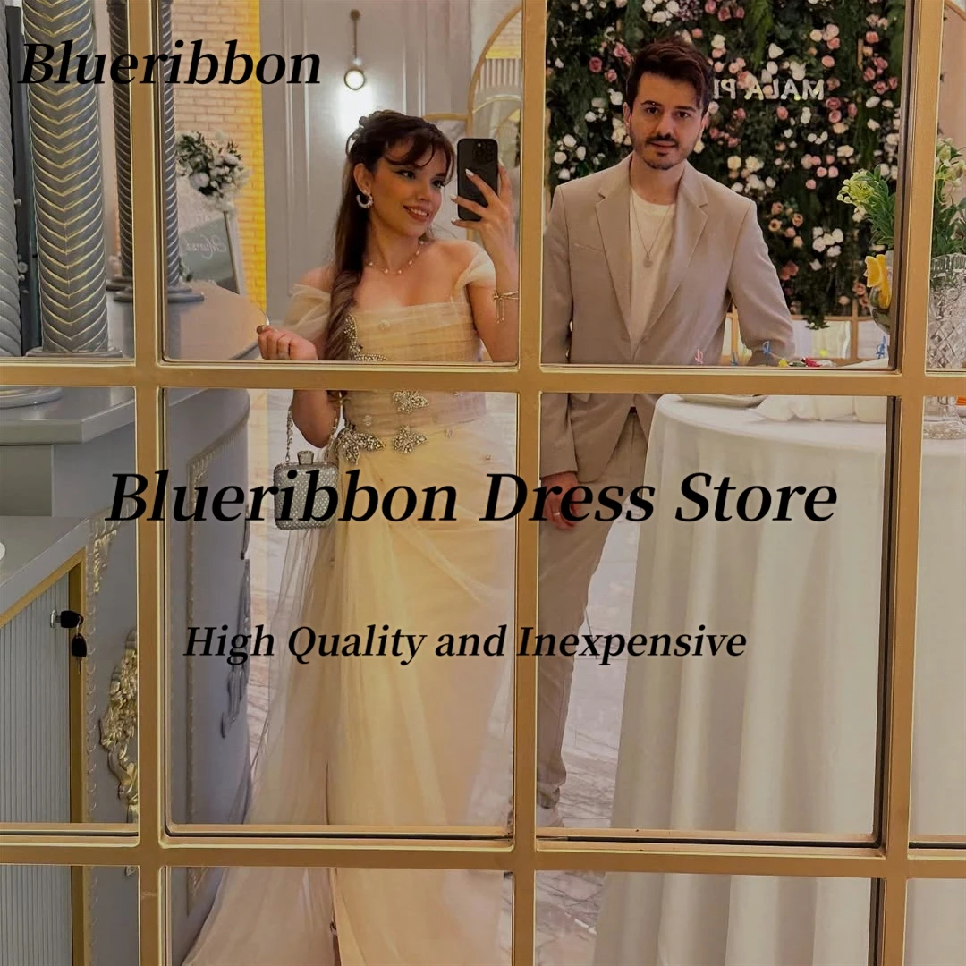 Blueribbon op maat gemaakte galajurken met kralen strapless off-shoulder avondjurken ruches zijsplit tule verjaardagsfeestjurk