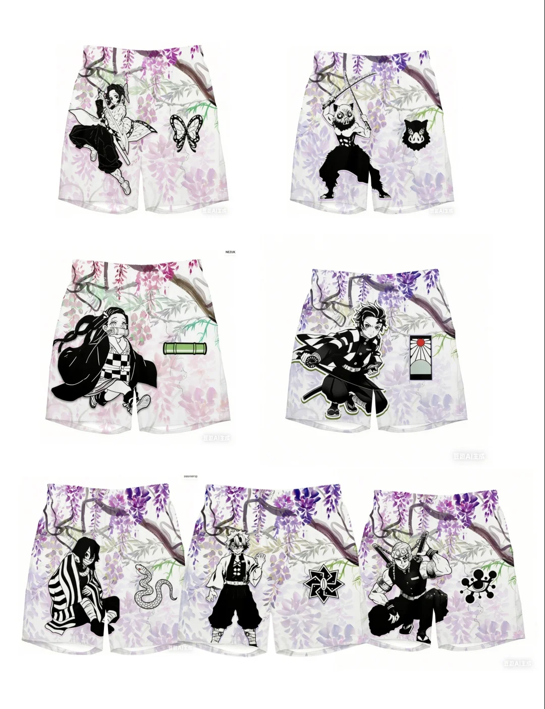 Pantalones cortos Demon Slayer Wisteria para adultos y niños, pantalones cortos de playa con estampado 3D de The Swordsman Under The Wisteria