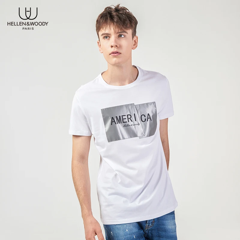 HELLEN&WOODY Mens Fashion Casual Letter Printing Short Sleeved T-shirts Loose Crew-neck Luxury Clothing