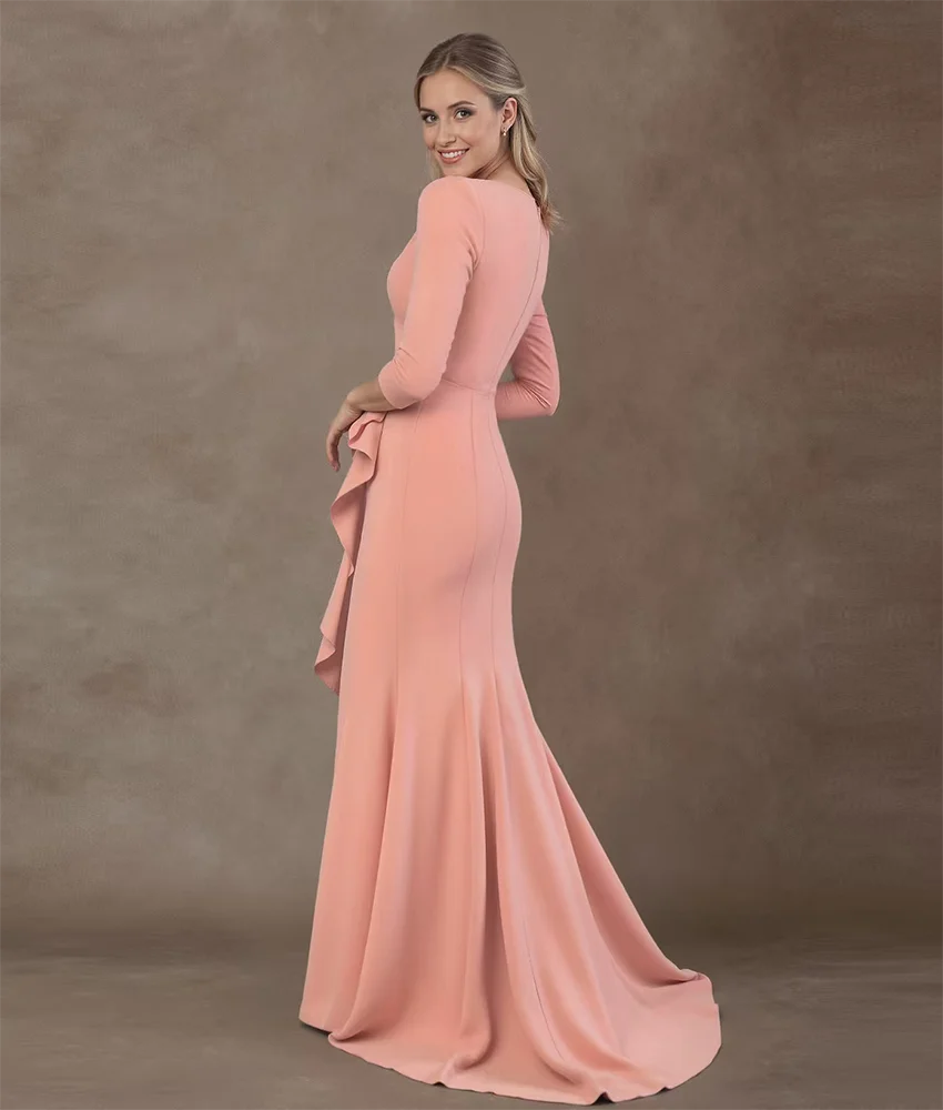 Gaun Malam Ruffles Kristal Putri Duyung Jersey Anggun Kustom Gaun Prom Panjang Lantai Leher-v Lengan 3/4 Mode Baru