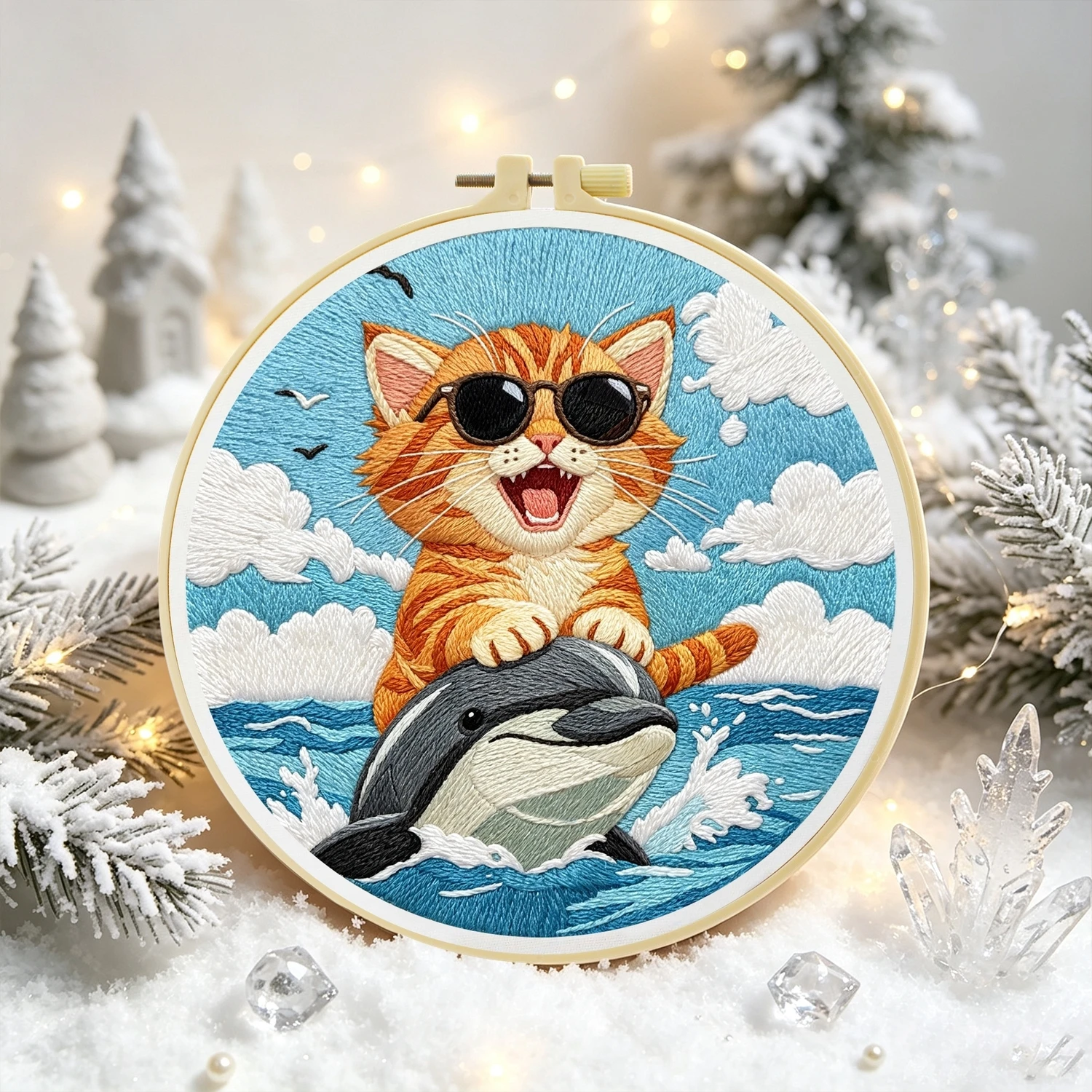 1 Set Katze auf Delfin reiten DIY-Stickset für Anfänger, Stick-Starter-Kit, Kreuzstich-Kunstgeschenk, Handarbeits-Bastelset – Detail 5