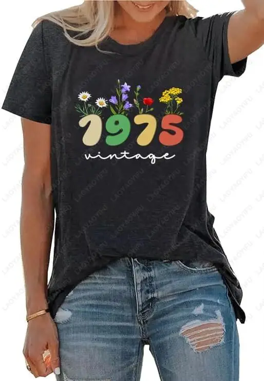 T-shirt vintage del 1975 per le donne 50esimo compleanno Regalo significativo Retro anni '70 T-shirt grafica divertente Moda estiva Casual Top in cotone morbido
